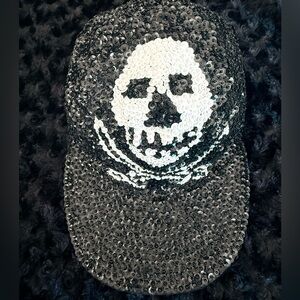 JC Vintage Black & White Sequin Skull Baseball Cap Made in Indonesia